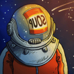 Space-themed astronaut cartoon in a spacecraft helmet with space background, vibrant colors, and playful design aimed at gaming and entertainment fans.