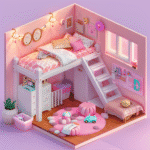 Pink bedroom with loft bed, cozy decor, and kids' toys, perfect for a playful and stylish kids' room design.