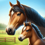 Brown horse and pony playing outdoors in a green pasture under a bright blue sky, promoting equestrian games on Oyunclubnet for online gaming enthusiasts.