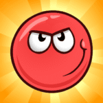 Red angry cartoon ball with a mischievous smirk and bold eyebrows, set against a bright yellow background. Perfect for gaming or fun-themed content.