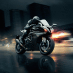 Motorcycle speeding at night with city lights in background, dynamic motorcycle racing action, sleek black sportbike, helmeted rider on a dangerous street, urban high-speed motorcycle racing scene.